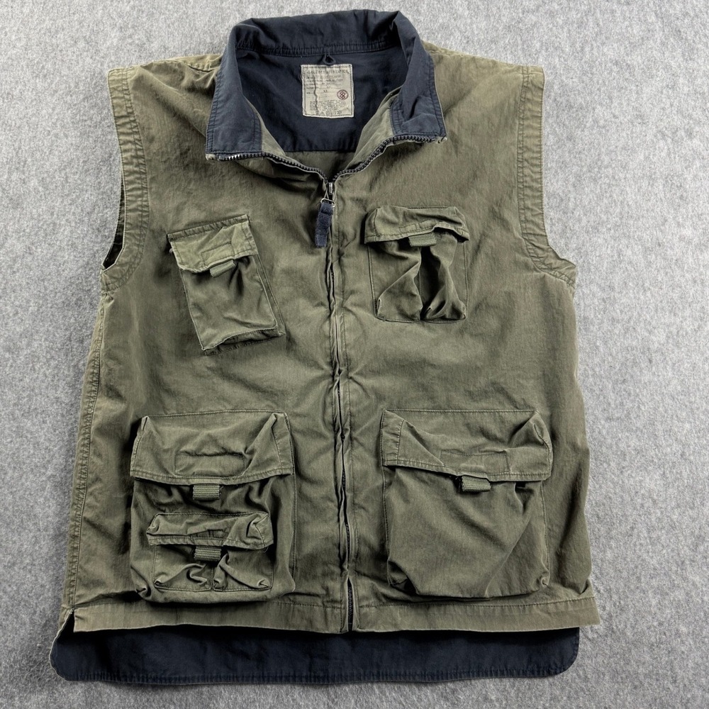 Vintage Bugle Boy Vest Mens XL Khaki Full Zip Utility Hiking Fishing Hunting